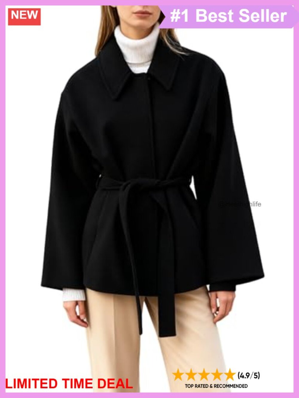 Wool Blend Short Trench Coat Collared Belted Jacket